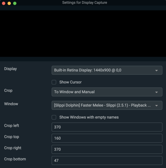 The settings for the Streamlabs display capture